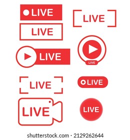 Live Streaming Icon Set. Black Background. Red Signs and Symbols of Streaming, Broadcasting, Online Video and Podcasts. Vector Template - Illustration