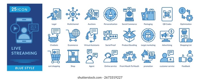Ícone de transmissão ao vivo definido em estilo azul, apresentando Vendas, Personalização, Marcas, QR Codes, Preço, Otimização, Agentes e AI.
