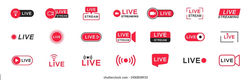 Live streaming icon set. Live broadcasting buttons and symbols. Set of online stream icons. Live stream logo. Social media. Vector illustration.