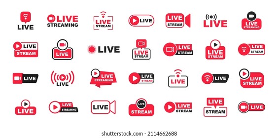 Live streaming icon set. Live broadcasting buttons and symbols. Set of online stream icons. Live stream logo. Social media. Vector illustration.