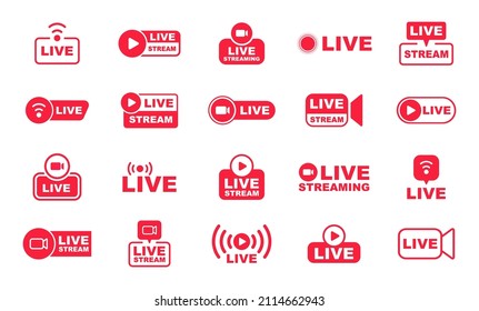 Live streaming icon set. Live broadcasting buttons and symbols. Set of online stream icons. Live stream logo. Social media. Vector illustration.