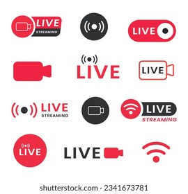 Live streaming icon set. Live broadcasting buttons and symbols. Set of online stream icons. Live stream logo
