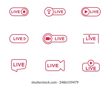 Live streaming icon set. Live broadcasting buttons and symbols. Set of online stream icons. Live stream logo. Social media. Vector illustration.