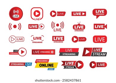 Live streaming icon set. Live broadcasting buttons and symbols. Set of online stream icons. Live stream logo. Social media. Vector illustration