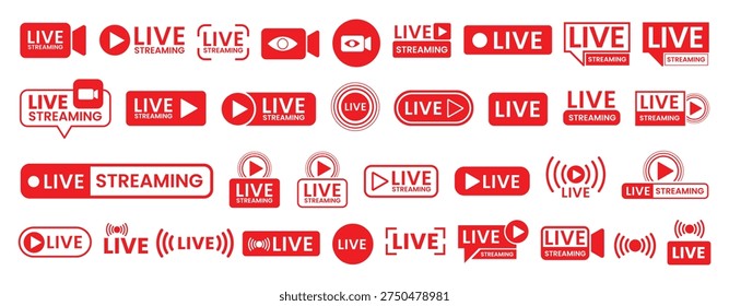 Live streaming icon set button, banner, label, sticker, stamp. Live broadcasting buttons and symbols. Video online stream icons. Live stream logo. Watch live stream. Social media. Vector illustration.