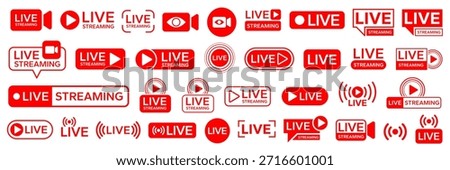 Live streaming icon set button, banner, label, sticker, stamp. Live broadcasting buttons and symbols. Video online stream icons. Live stream logo. Watch live stream. Social media. Vector illustration.