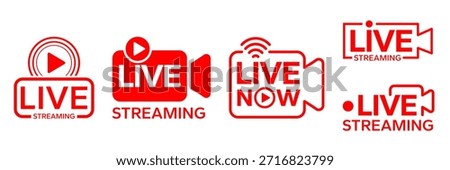 Live streaming icon set button, banner, label, sticker, stamp. Live broadcasting buttons and symbols. Video online stream icons. Live stream logo. Watch live stream. Social media. Vector illustration.