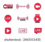 Live and live streaming icon set collection in red and white color in different styles. Live streaming set red icons. Play button icon vector. Live streaming icon set. Broadcasting buttons.
