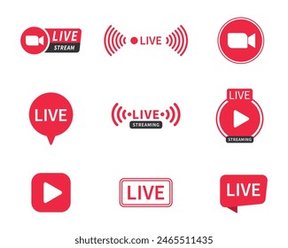 Live and live streaming icon set collection in red and white color in different styles. Live streaming set red icons. Play button icon vector. Live streaming icon set. Broadcasting buttons.