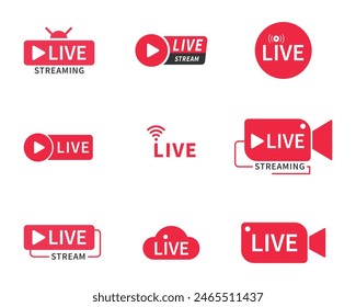 Live- und Live-Streaming-Icon setzt Kollektion in Rot und Weiß in verschiedenen Stilen. Live-Streaming setzt rote Symbole. Button wiedergeben Symbol Vektorgrafik. Live-Streaming-Symbolsatz. Übertragung von Buttonen.