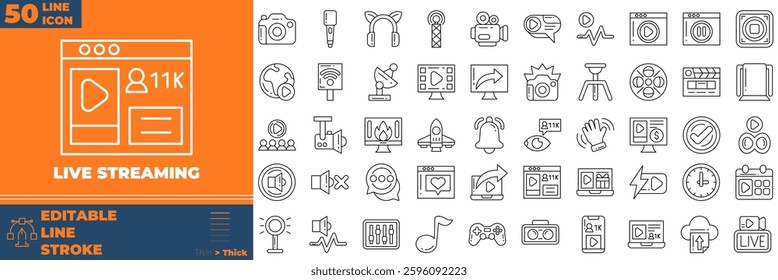 Live Streaming icon set. Containing camera, play, pause, media,,and more. Line vector icons collection.
