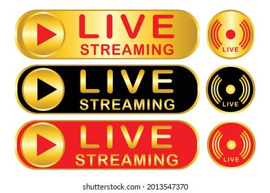 Live streaming icon set. Gold, Black and Red colour, signs of live streaming, broadcasting, online video, media social symbol. vector eps10