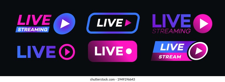 Live streaming icon set neon style isolated on transparent background. Symbol for social media. LIVE button for logo, sign, ui, app development, TV broadcasting. Vector 10 eps