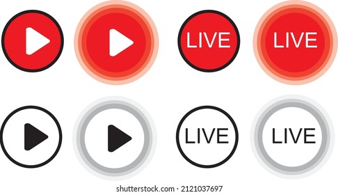 Live Streaming Icon Set. Live Icon. Online Stream. Video Play. Red Symbols And Buttons Of Live Streaming. Play Button Icon Set