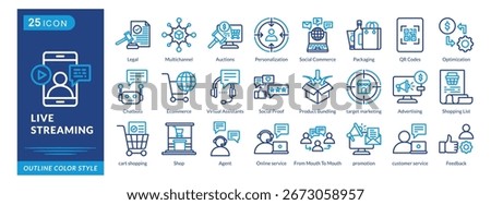 Live Streaming icon set in outline color style, featuring Selling, Personalization, Branding, QR Codes, Price, Optimization, Agents, and AI.