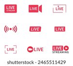 Live and live streaming icon set in red and white color in different styles. Live streaming set red icons. Play button icon vector. Live streaming icon set. Broadcasting buttons and symbols.
