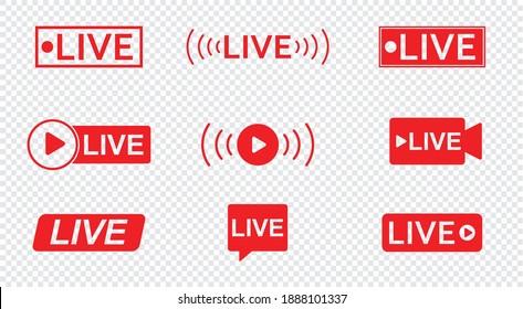 live streaming icon set, Red Live buttons symbol isolated on transparent background, for tv shows, social media live streaming badge, sign, label, sticker template. online stream. Vector illustration