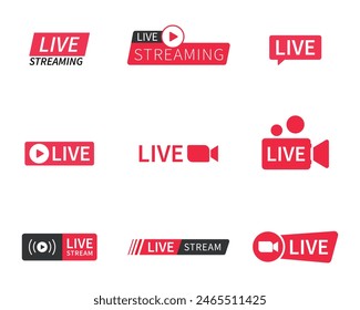 Live and live streaming icon set in red and white color. Live streaming set red icons. Play button icon vector. Live streaming icon set. Broadcasting buttons and symbols.