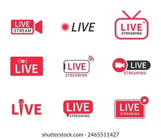 Live and live streaming icon set in red and white color in various styles. Live streaming set red icons. Play button icon vector. Live streaming icon set. Broadcasting buttons and symbols.