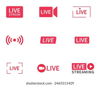 Live and live streaming icon set in red and white color in different styles. Live streaming set red icons. Play button icon vector. Live streaming icon set. Broadcasting buttons and symbols.