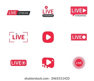 Live and live streaming icon set in red color. Live streaming set red icons. Play button icon vector. Live streaming icon set. Broadcasting buttons and symbols.
