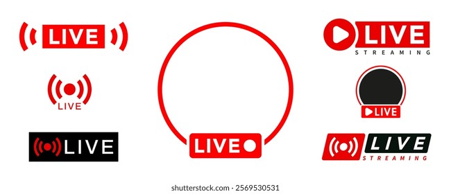 Live streaming icon set. Social media, broadcast, blog, live shows, news, live stream, red, frame, and video content flat icon. Vector illustration with transparent background.