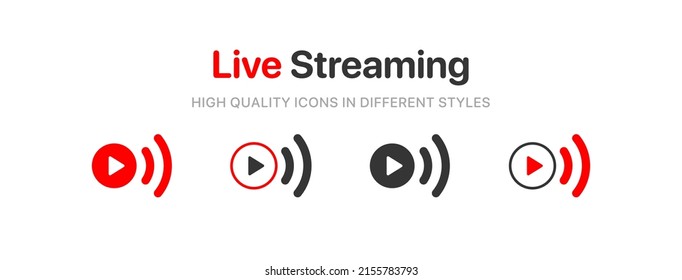 Juego de iconos de streaming en vivo. Conjunto de iconos de flujo activo. Conjunto de iconos de transmisión de vídeo. Botón, símbolos rojos para TV, noticias, películas, programas. Iconos de flujo en línea.