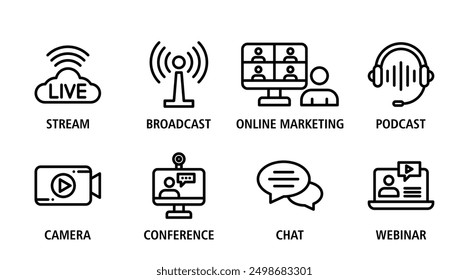 Ilustración vectorial de conjunto de iconos de transmisión en vivo. El conjunto es un trazo editable. Zoom de reunión en línea de transmisión por secuencias. Podcast auriculares cámara conferencia de internet chat grabación de un webinar.