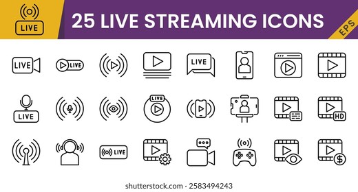 Live streaming icon set, vector, in line style, for entertainment, content creation, gaming, graphic design, etc.