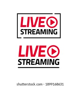Juego aislado de pegatinas vectoriales de iconos de transmisión en vivo, transmisión en línea vídeo moderno diseño de emblema etiqueta rojo color negro, idea de etiqueta de cinta de televisión