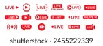 Live streaming icons. Live broadcast red symbol. Play button. Vector.