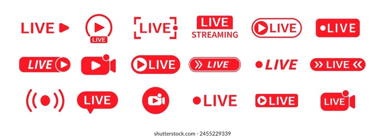 Live streaming icons. Live broadcast red symbol. Play button. Vector.