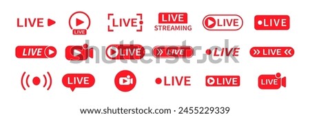 Live streaming icons. Live broadcast red symbol. Play button. Vector.