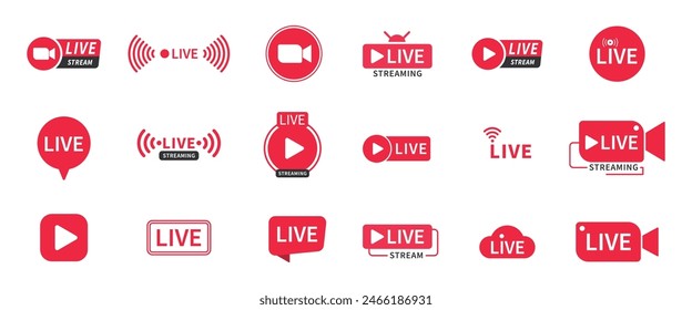 Live and live streaming icons huge set in red and white color in various styles. Live and live streaming icon set in red and white color. Streaming red icon set. Play button icon vector.