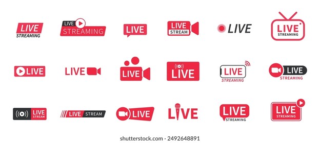 Live and live streaming icons huge set in red and white color in various styles. Live and streaming icon set in red and white color. Live streaming red icon set. Play button icon vector.