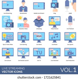 Iconos de transmisión en vivo que incluyen broadcaster, mobile, ASMR, vlog de viajes, reacción, unboxing, reseña de video, podcast, trucos de consejos, juegos, noticias, música, deporte, conferencia, lanzamiento de cohetes, entrevista, producción.
