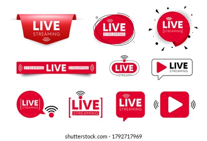 Live streaming icons. Red buttons of broadcasting, live online stream. Play video streaming sign. Broadcast television banner. Template for tv news, shows and live performance. Vector speech bubbles - Shutterstock ID 1792717969