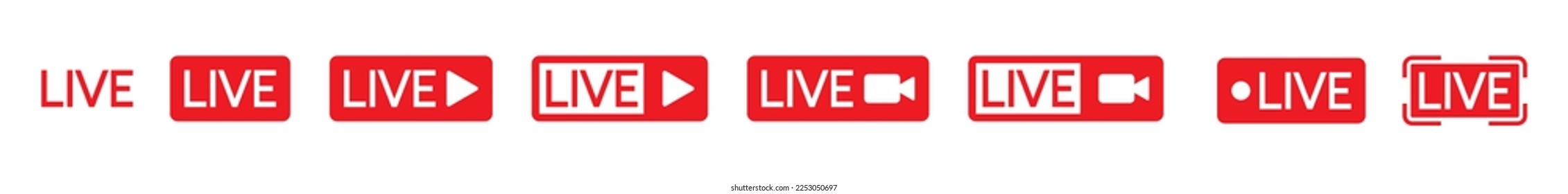 Live streaming icons set. Play button, camera video live broadcasting for blog, television, movies, shows, news and various video content. Live streaming red buttons stock vector, symbol illustration