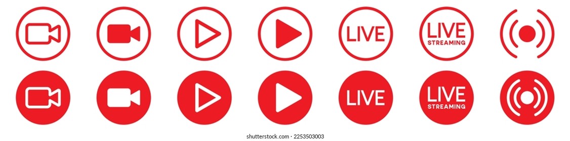 Live streaming icons set. Play button, camera video live broadcasting for blog, television, movies, shows, news and various video content. Live streaming red buttons stock vector, symbol illustration
