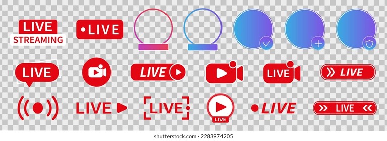 Iconos de streaming en vivo configurados. Botón de reproducción para streaming, transmisión en vivo, televisión, actuaciones en vivo, noticias, programas.