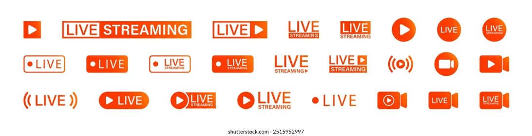 Live- und Live-Streaming-Symbole. Wiedergabetaste und Logo für die Videoübertragung. Roter und orangefarbener Gradient, isolierter Vektor