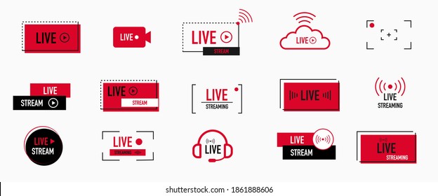 Live streaming icons set. Red symbols and buttons of live streaming, broadcasting, online stream. third template for tv, shows, movies and live performances. Vector illustration.