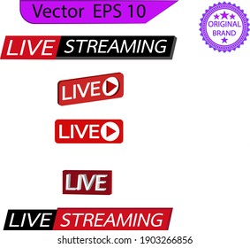Live streaming icons set.  Red symbols and buttons of live streaming, broadcasting, online stream. Lower third template for tv, shows, movies and live performances. Transparent background