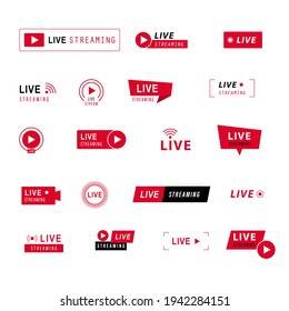 Live streaming icons set. Red symbols and buttons of live streaming, broadcasting, online stream. third template for tv, shows, movies and live performances. Vector illustration.