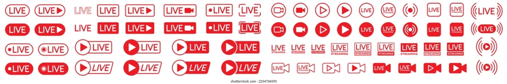 Live streaming icons set. Video live broadcasting for blog, television, movies, shows, news and various video content. Live streaming red buttons stock vector, symbol illustration