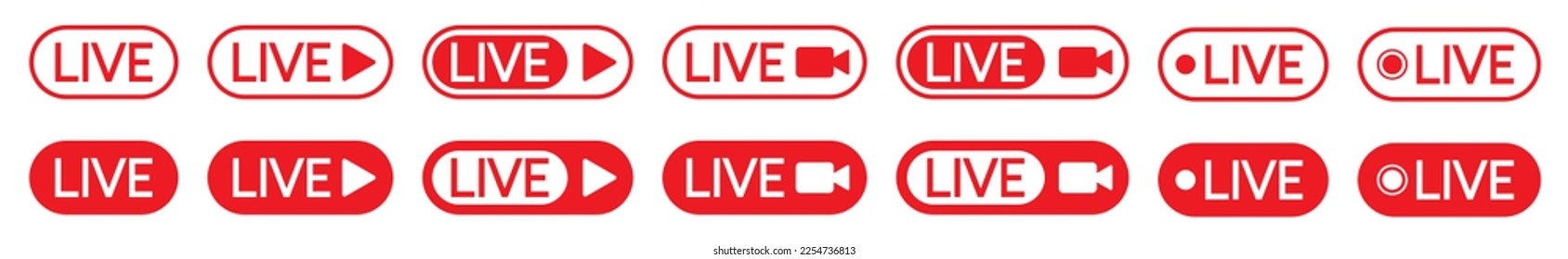 Live streaming icons set. Video live broadcasting for blog, television, movies, shows, news and various video content. Live streaming red buttons stock vector, symbol illustration