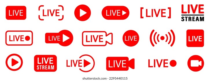 Live streaming icons. TV, news, movies, shows. Red symbols and buttons of live streaming. Streaming, broadcasting, online stream.