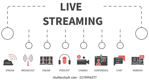 Live Streaming Illustration Konzept. Banner mit Symbolen und Schlagwörtern. Live-Streaming-Vektorelemente für Infografiken