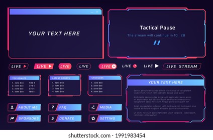 Live Streaming Interface. UI Frames For Video Conference. Buttons And List Of Sponsors. Technical Pause Screen. Multimedia Player. Blank Borders With Copy Space. Vector Elements Set