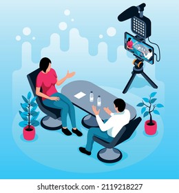 Live streaming isometric background with male and woman characters talking at table and shooting video by smartphone camera vector illustration